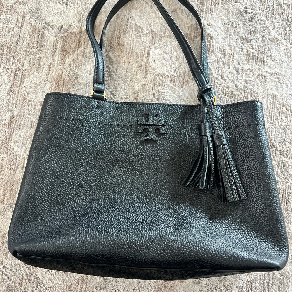 Tory Burch McGraw Black Pebbled Leather Tote Shoulder Bag